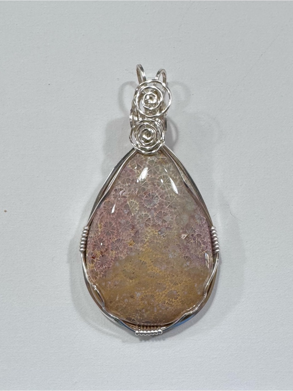 Chrysanthemum Fossil Coral Wire Wrapped Artisan Pendant OOAK 3” x 1.5 “